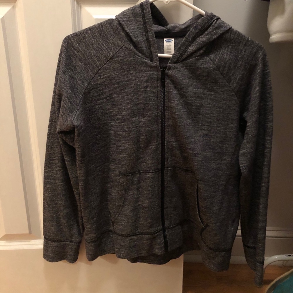 Black and grey zip up.